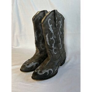 Jessica Cline Snip Toe Faux Leather Cowboy Boots Size 9.5 Silver Sparkel Cutout